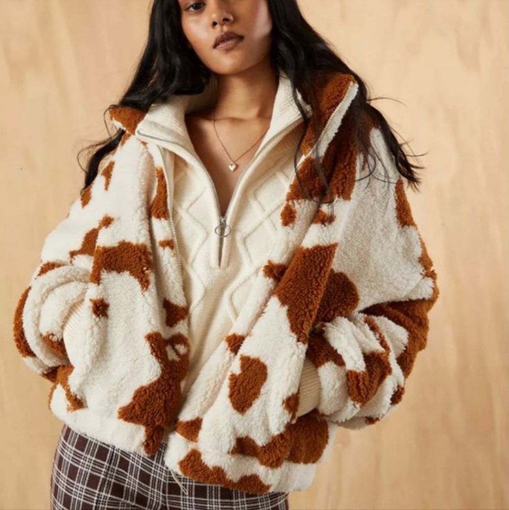 Urban Outfitters White and Brown Sherpa Cow Print Jacket